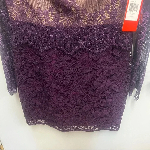 Monique Lhuillier Long Sleeve Lace Metallic Shimmer Sheath Mini Dress Purple 10 - Picture 4 of 12